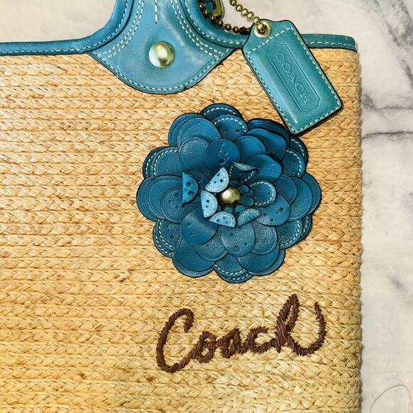 Vintage Coach Bleecker Natural Straw Tote Bag Teal Leather Boho Chic 15x13" Y2K - Picture 4 of 11